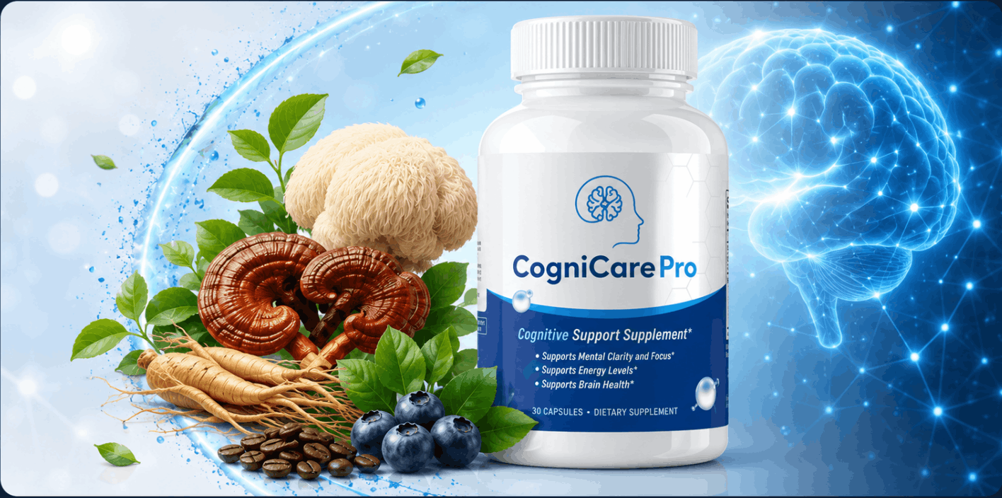 CogniCare Pro bottle surrounded by its natural ingredients